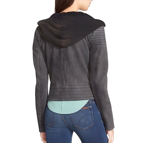 Free People Pinstripe Hooded Knit Moto Jacket in Charcoal Stripes Y2K Size Small - Picture 4 of 13